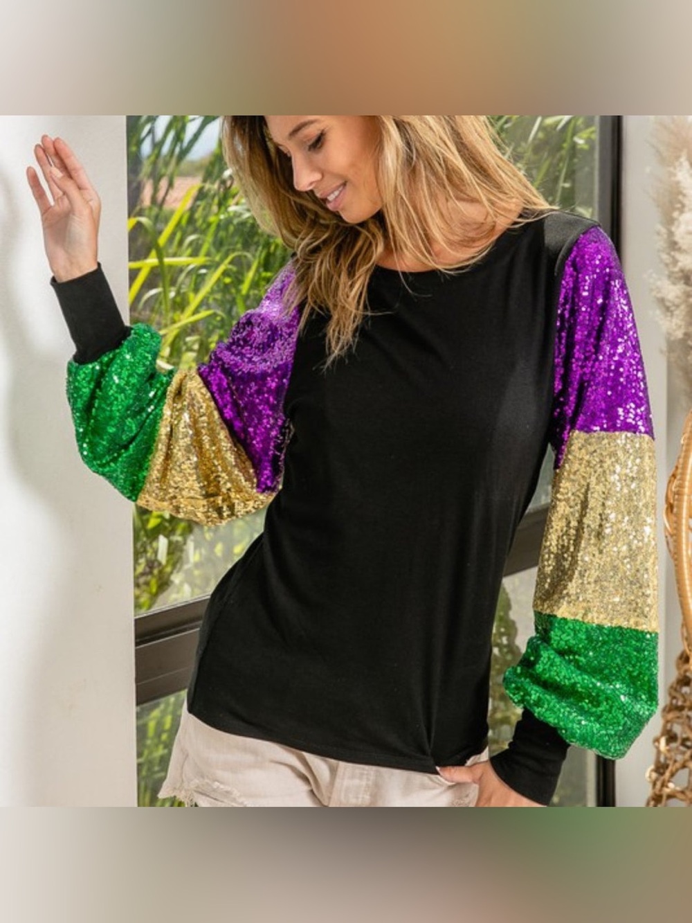 Bibi Mardi Gras Black Top with Purple, Gold & Green Sequin Sleeves Size Small